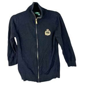 Lauren Ralph Lauren Black Crest Full Zip 3/4 Sleeve Sweater Cardigan Size Small
